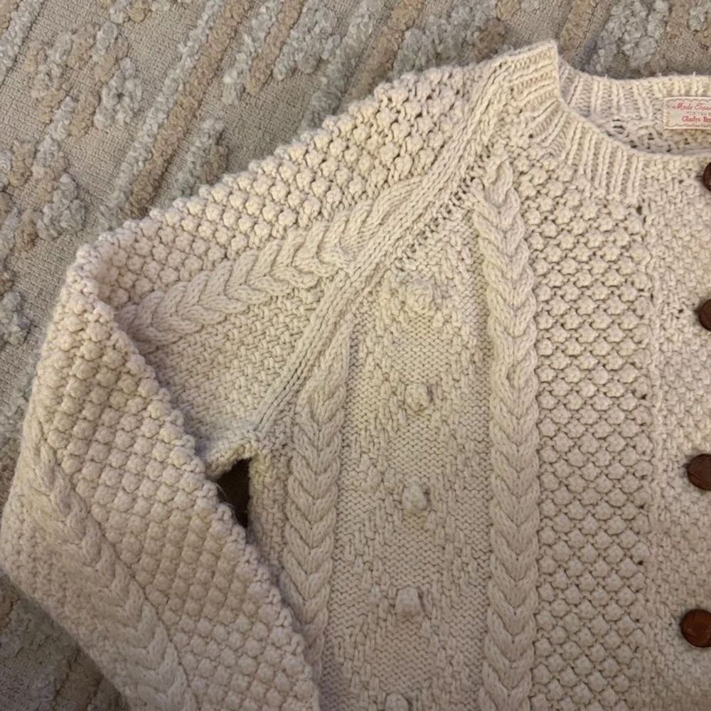 Vintage Hand Knit Wool Blend Cream Cable Knit Cardigan Sweater - Picture 5 of 7